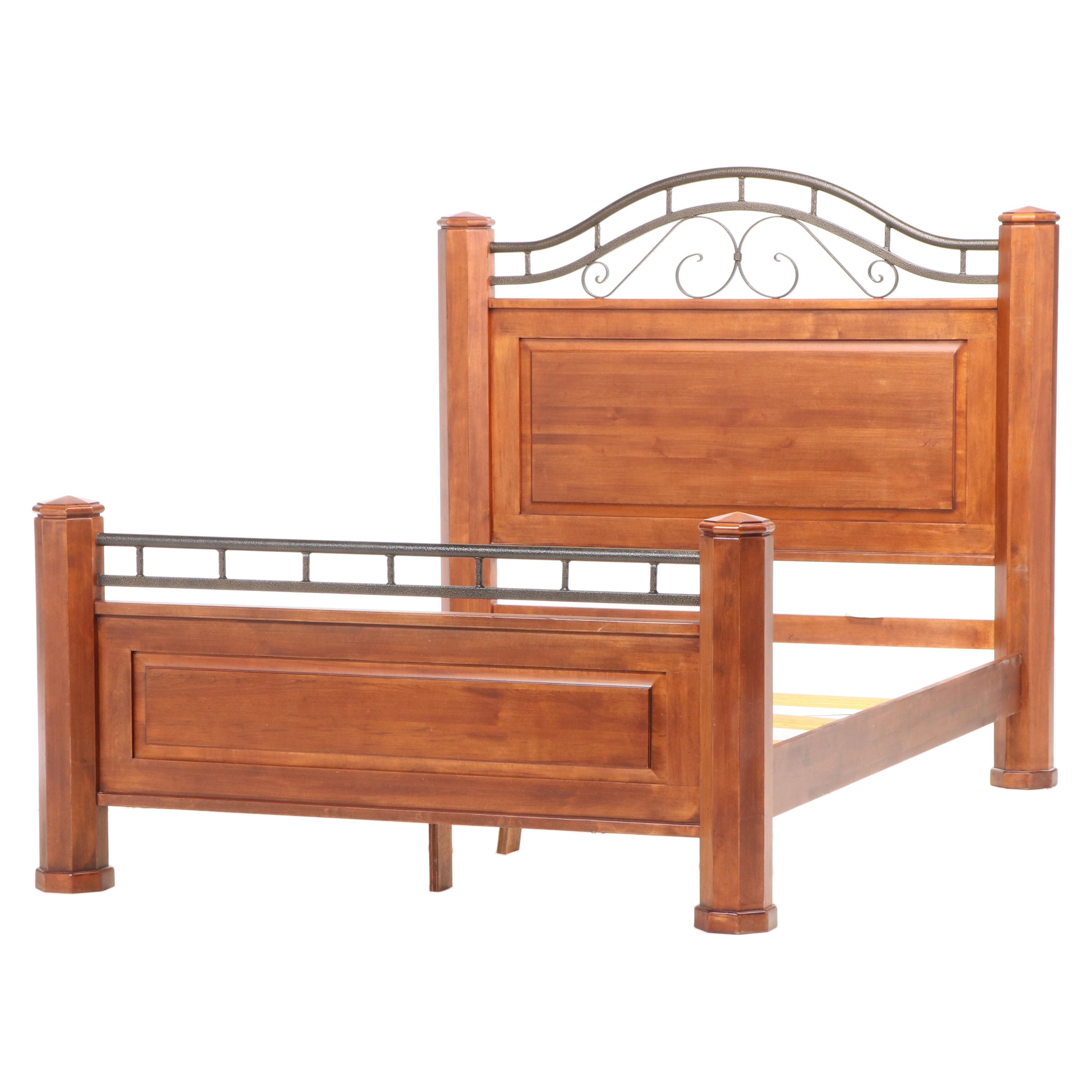 Furniture Fair Walnut-Stained Wood and Metal Queen Size Bed