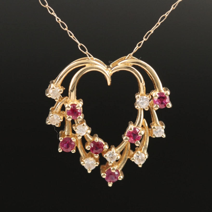 14K Diamond and Ruby Heart Pendant on 10K Chain Necklace