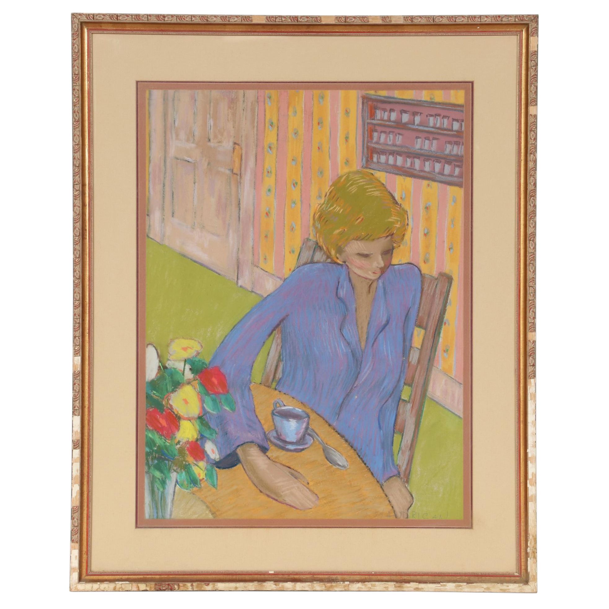 Richard Landrigan Oil Pastel Drawing of Female Portrait, Mid-20th Century