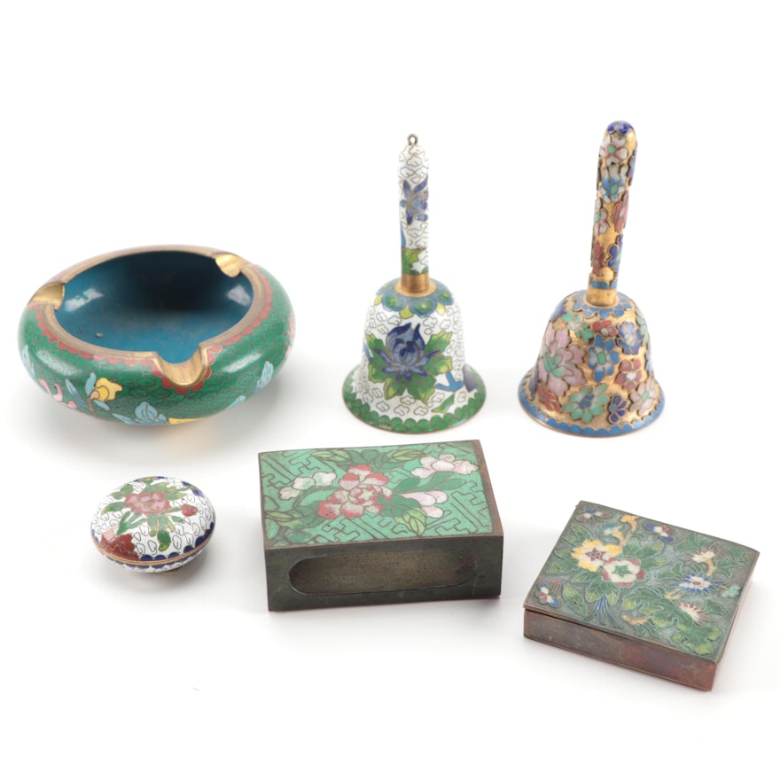Chinese Enameled Trinket Boxes Bells and Other