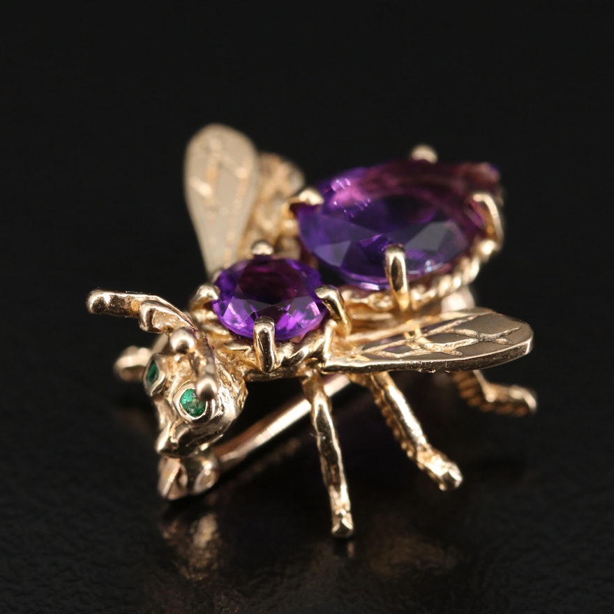 10K Amethyst and Emerald Insect Brooch