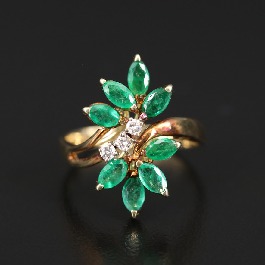 14K Emerald and Diamond Bypass Ring