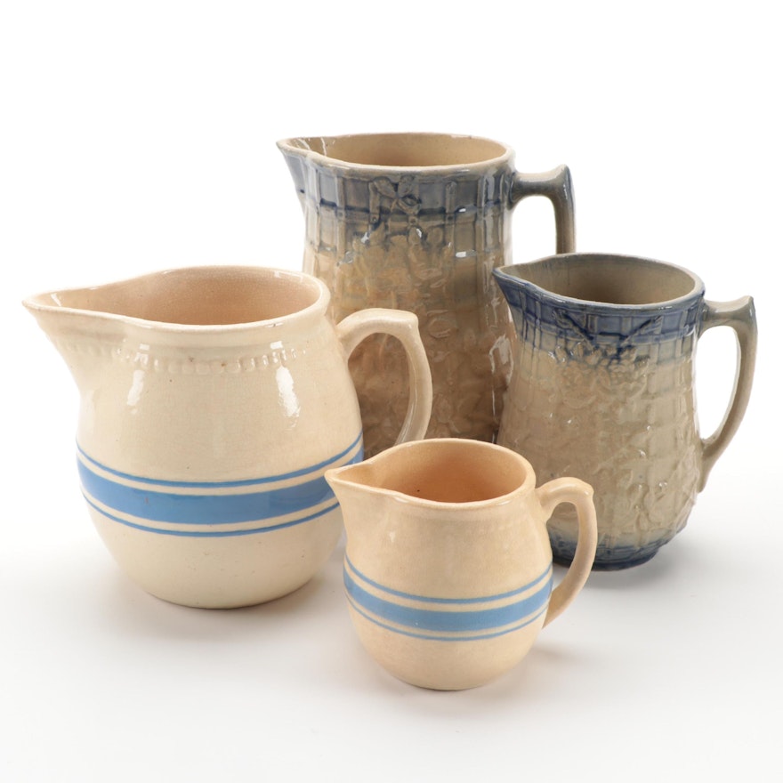 Weller Blue Striped Pitcher and Other Lattice Embossed Ceramic Pitchers