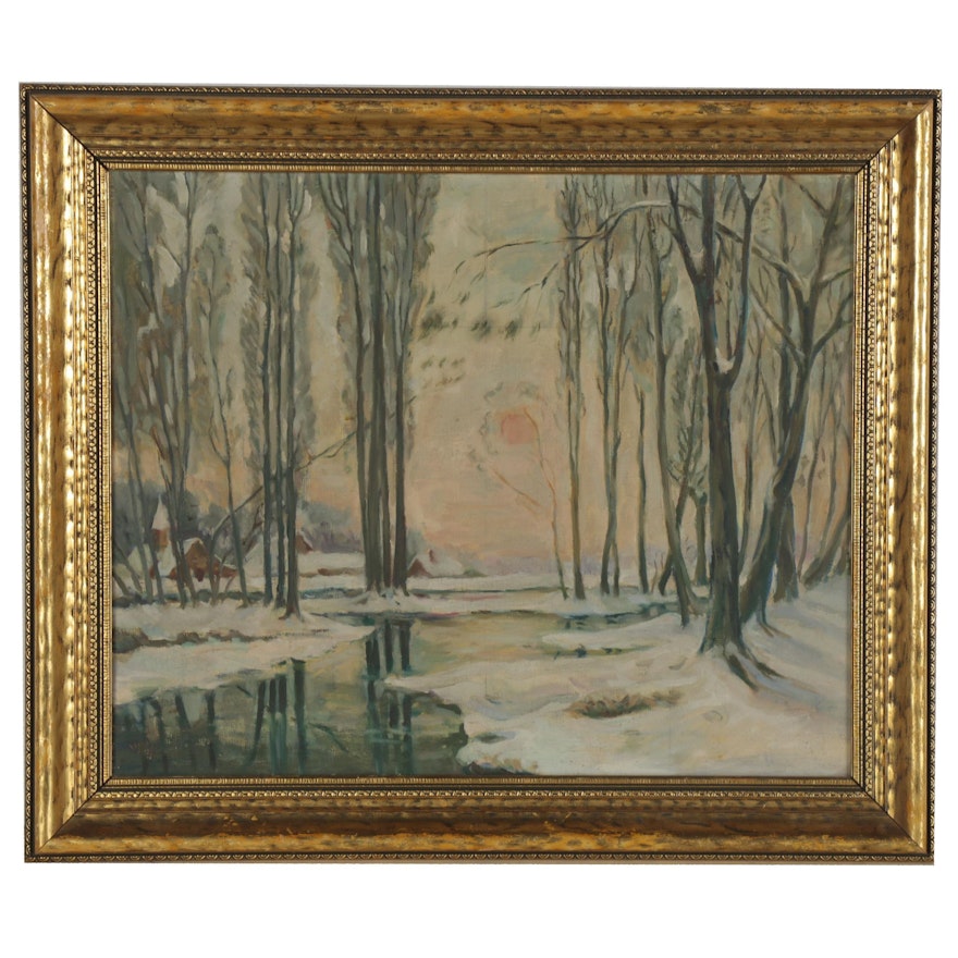 Winter Landscape Oil Painting, Mid-20th Century