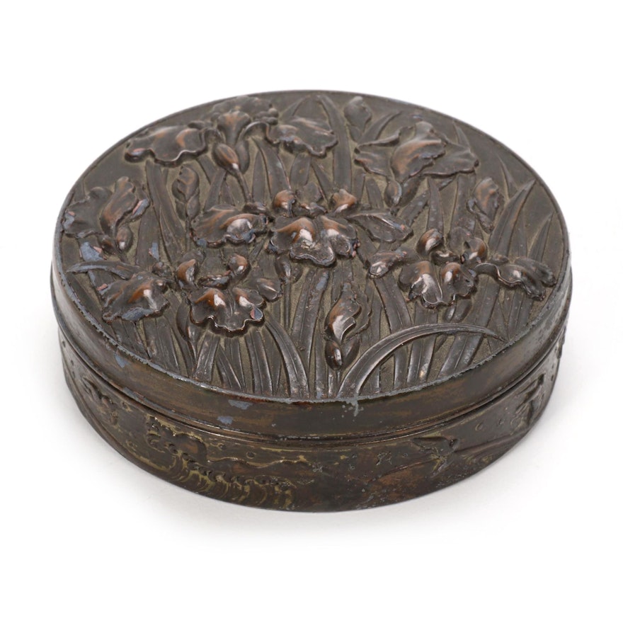 Art Nouveau Iris Themed Bronze Repoussé Vanity Box, Late 19th/20th Century