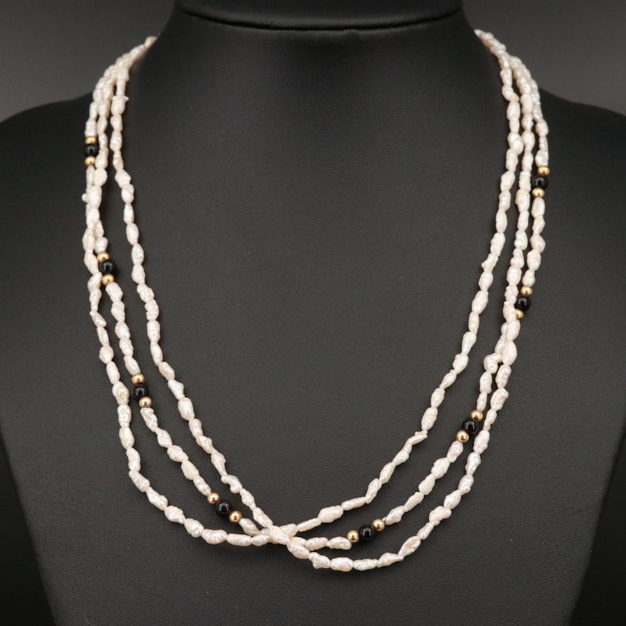 14K Baroque Pearl and Black Onyx Triple Strand Necklace