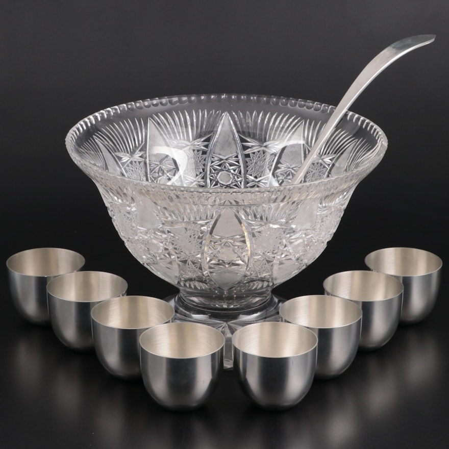 Cut Glass Punch Bowl with Stieff Pewter Jefferson Cups and Ladle