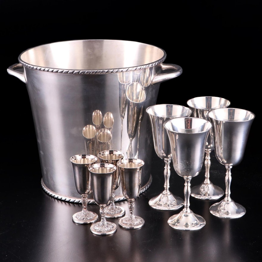 Pottery Barn Silver Plate Ice Bucket and Stemware