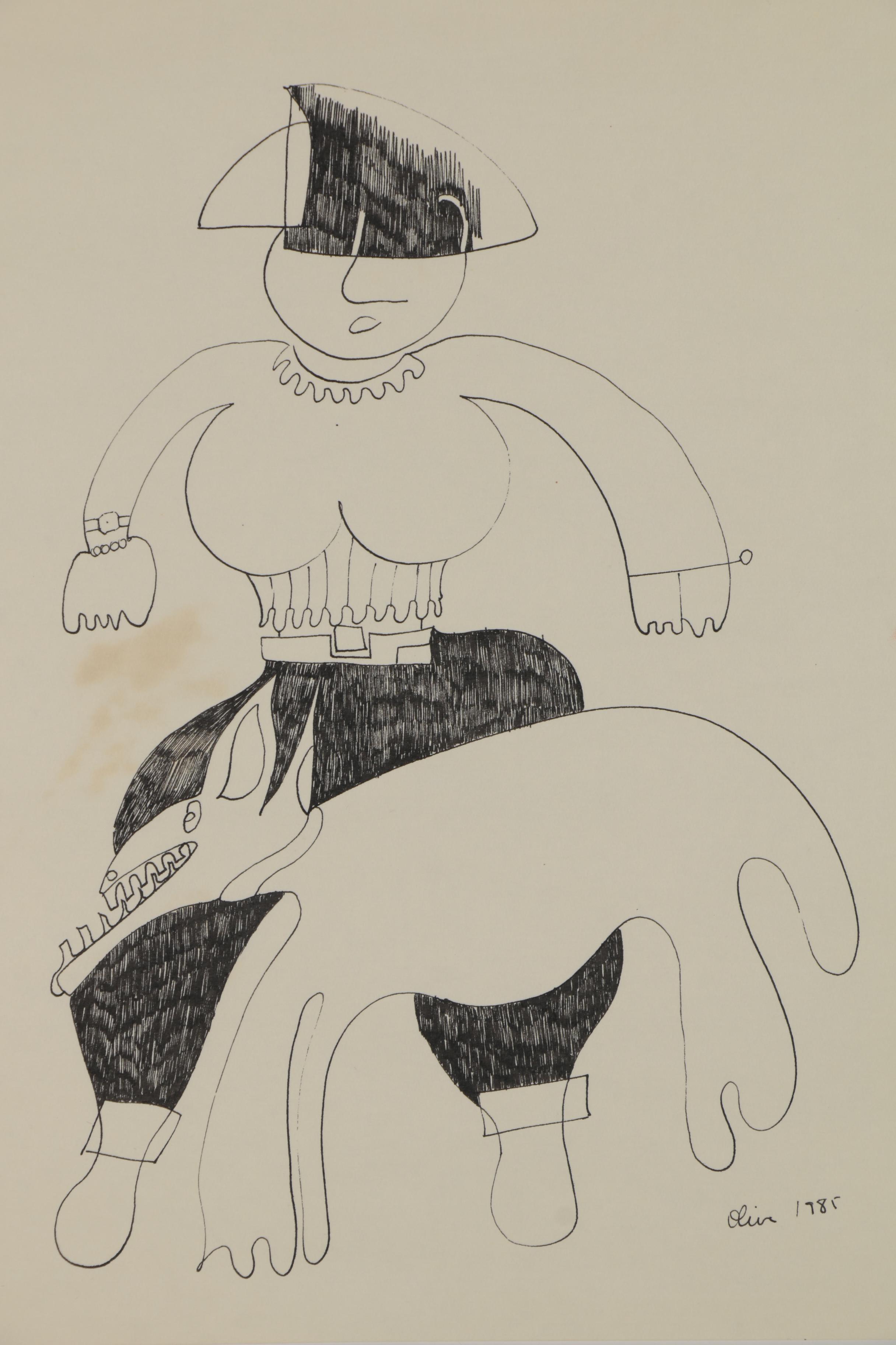 Eduardo Oliva Abstract Figural Ink Drawing of Woman with Dog, 1985