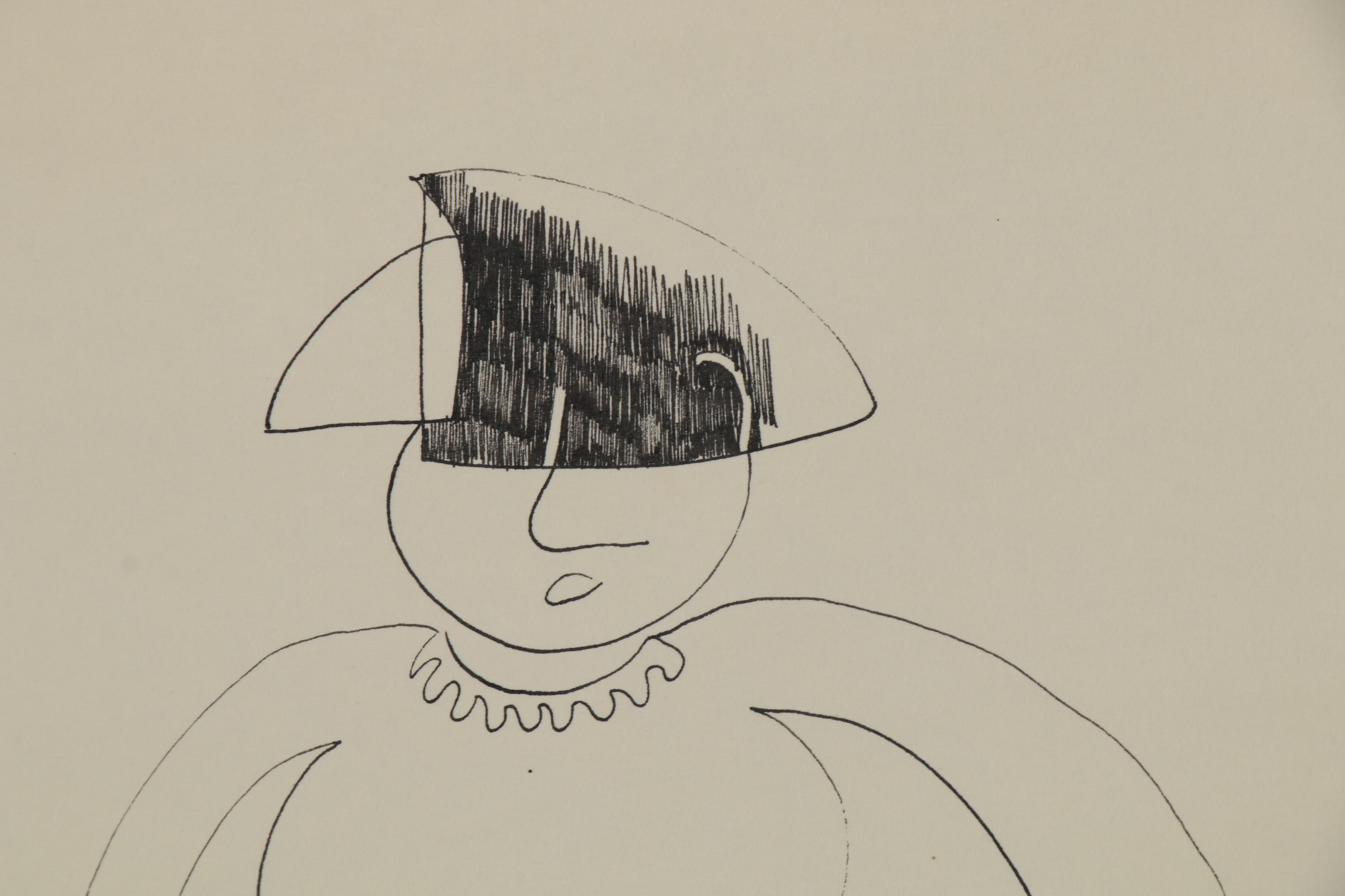 Eduardo Oliva Abstract Figural Ink Drawing of Woman with Dog, 1985