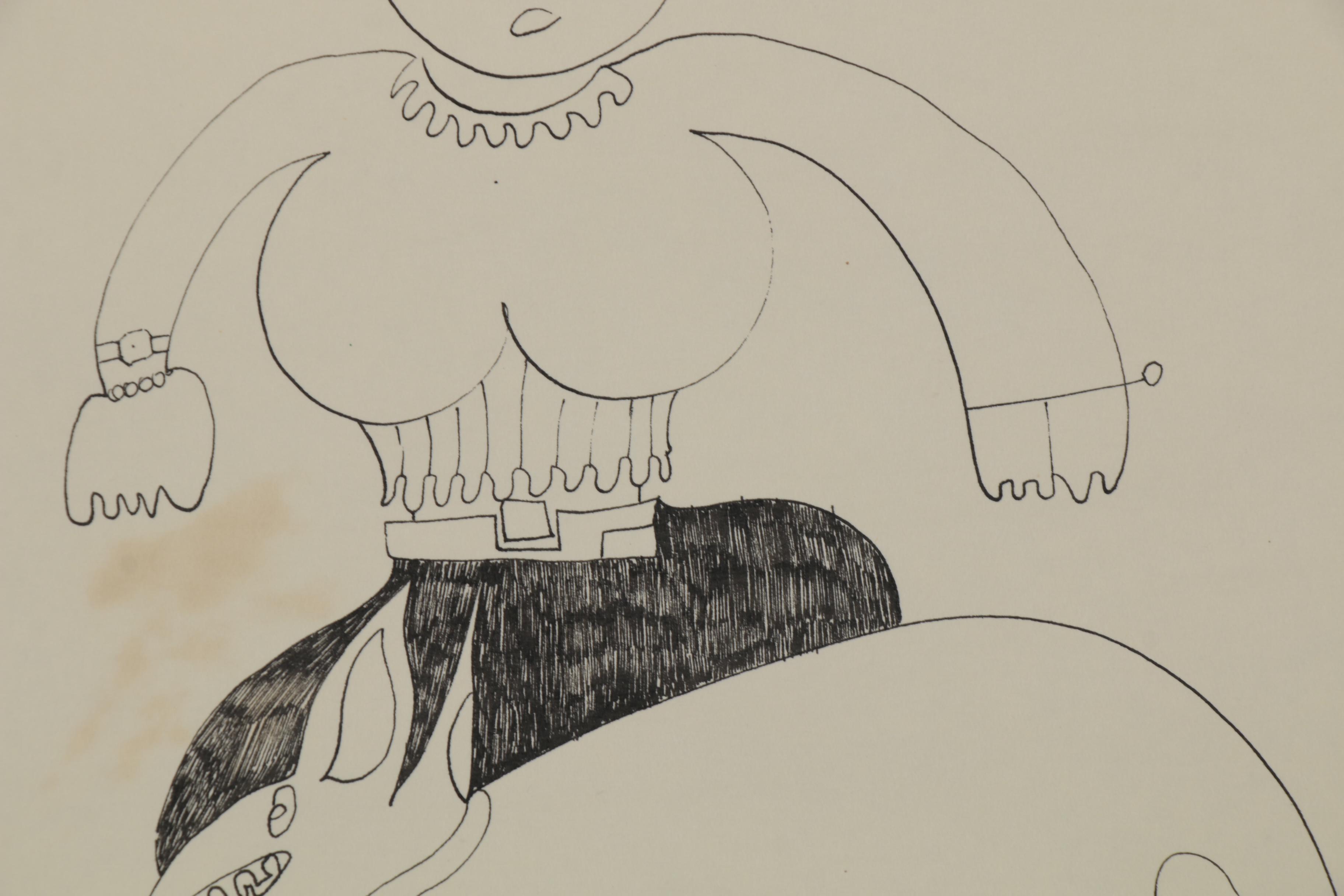 Eduardo Oliva Abstract Figural Ink Drawing of Woman with Dog, 1985