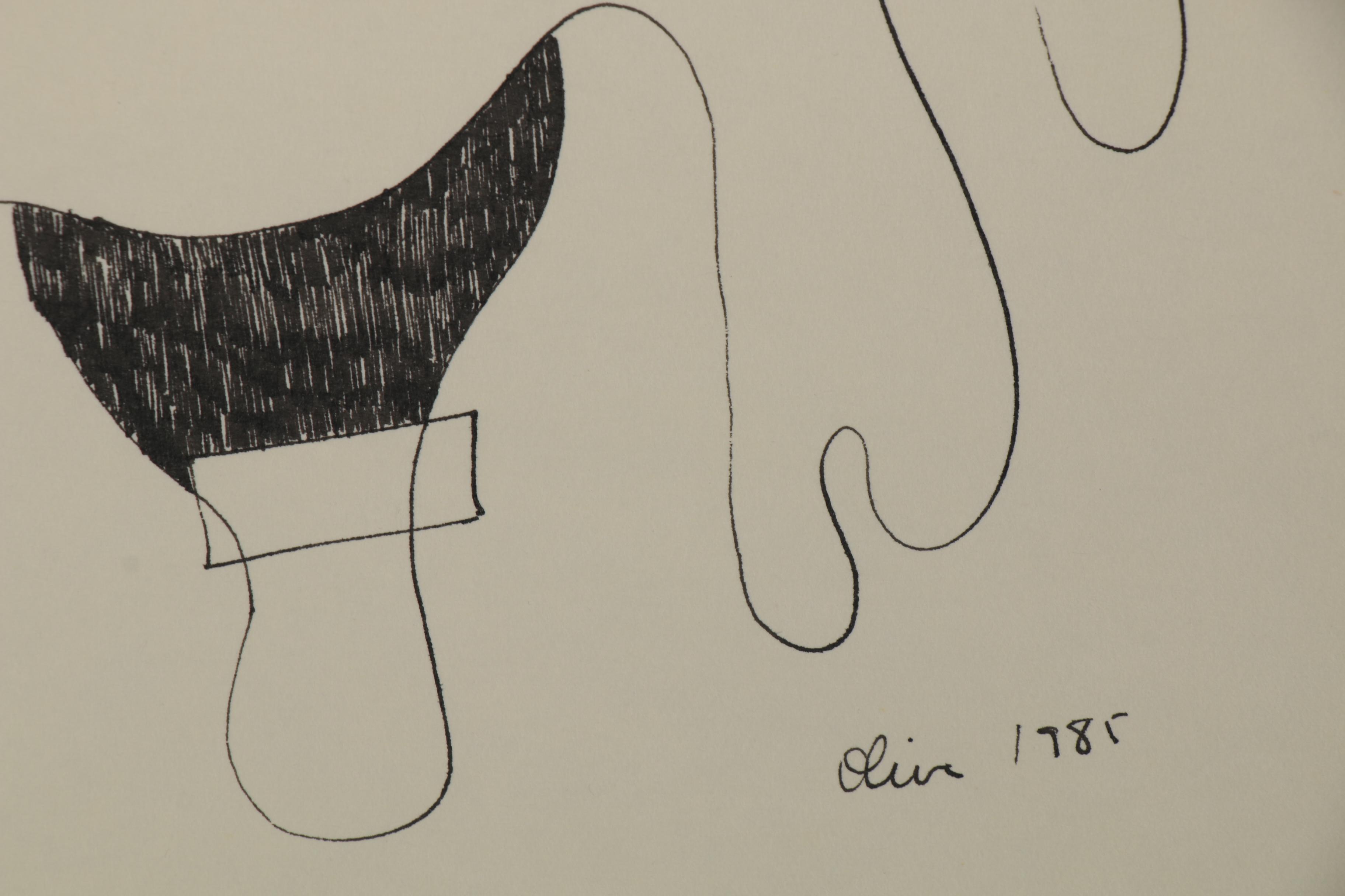Eduardo Oliva Abstract Figural Ink Drawing of Woman with Dog, 1985