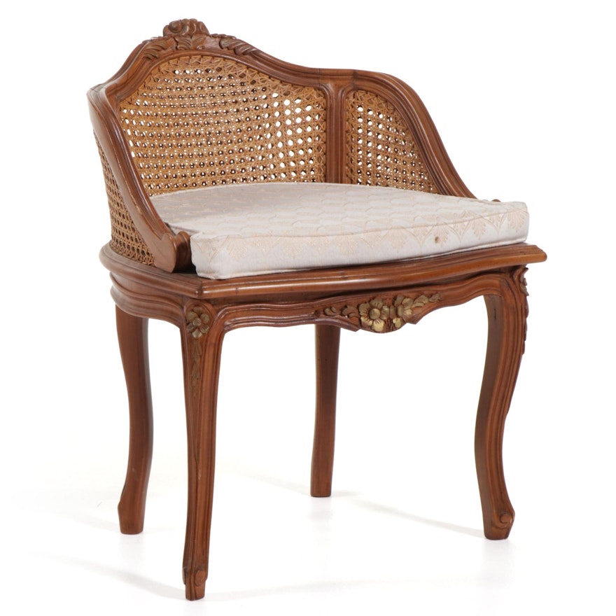 French Provincial Style Wood and Wicker Vanity Bench with Cushion