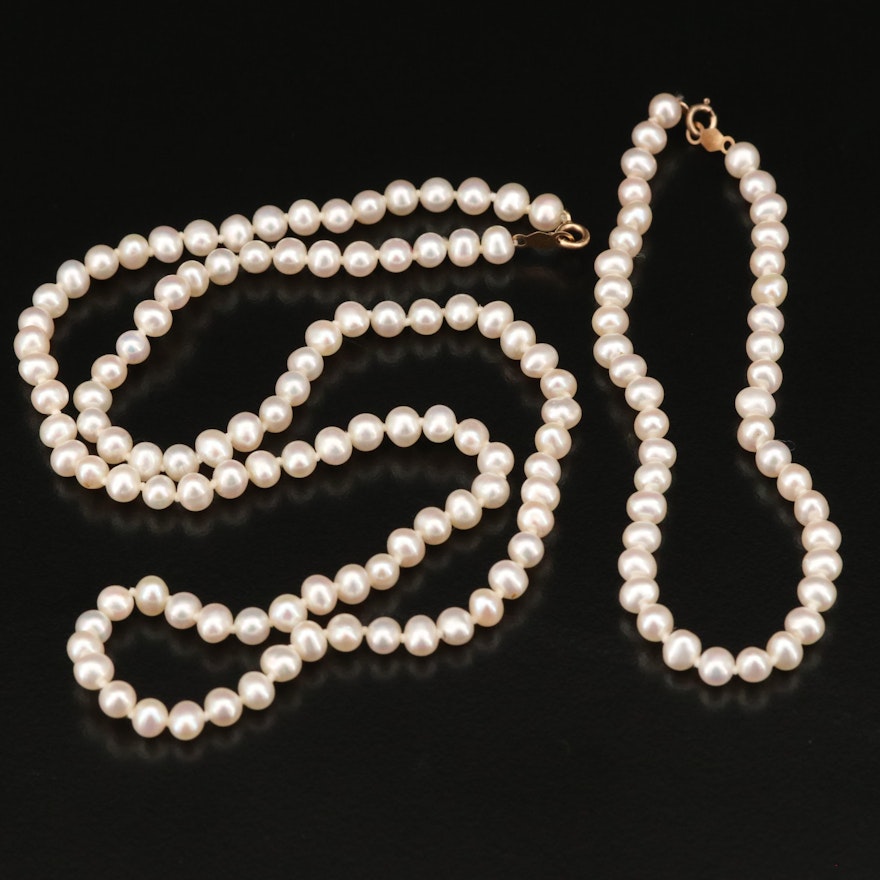 Hand Knotted Pearl Necklace and Bracelet Set with 14K Clasps