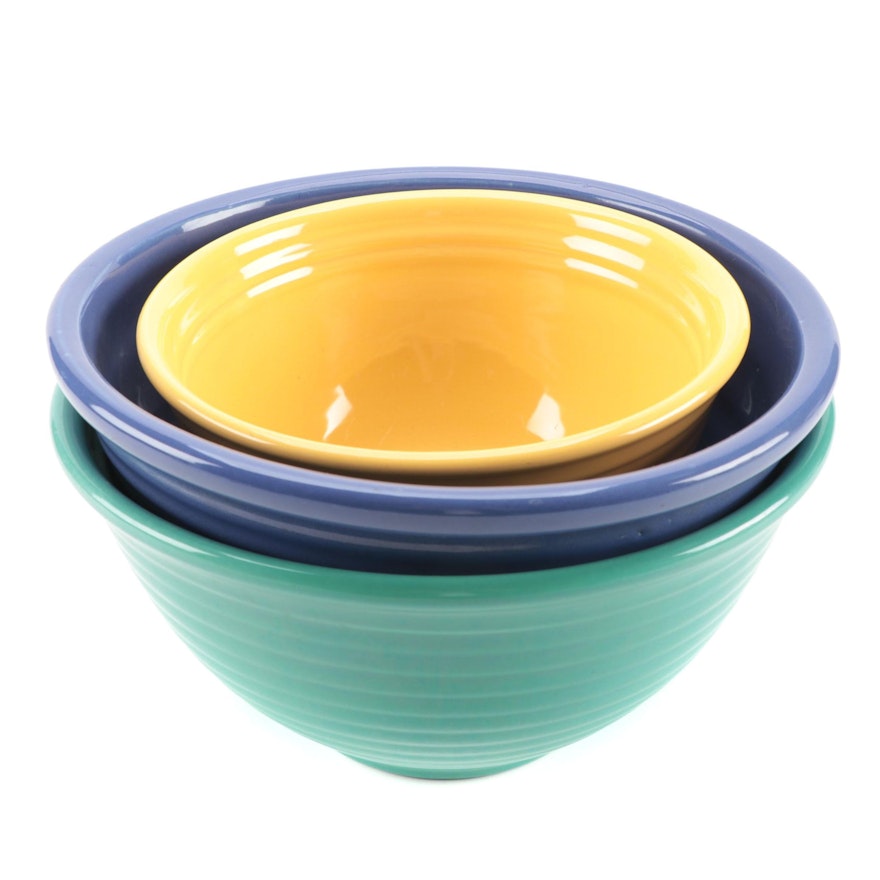 Bauer Cobalt, Jade, and Yellow Ceramic Mixing Bowls