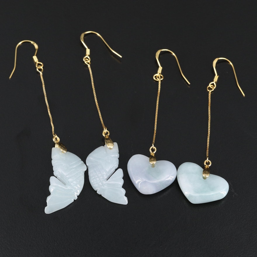 Sterling Silver Jadeite Heart and Fish Earrings