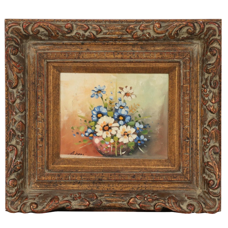 Oil Painting of Still Life with Bowl of Flowers, Late 20th Century