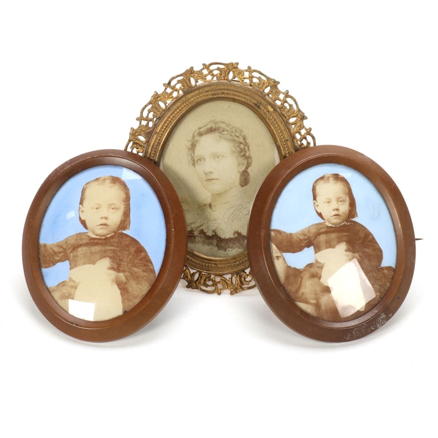Victorian Mourning Brooches and Miniature Easel Portrait, Late 19th Century