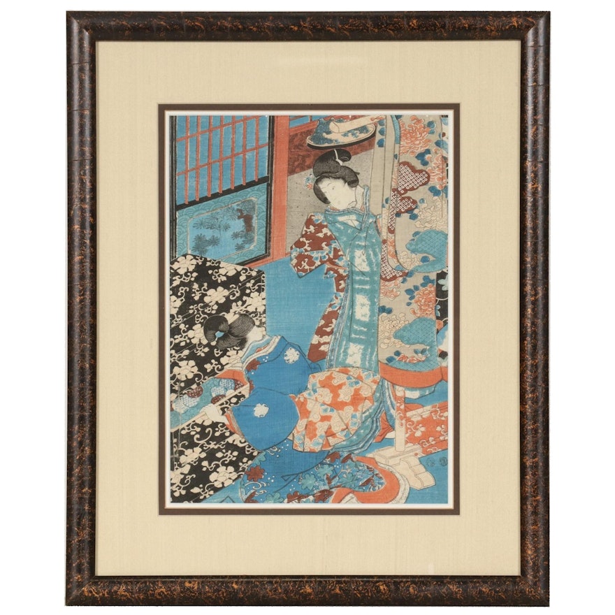 Woodblock after Utagawa Kunisada "Mitsuuji and Ladies Looking at Kimono"