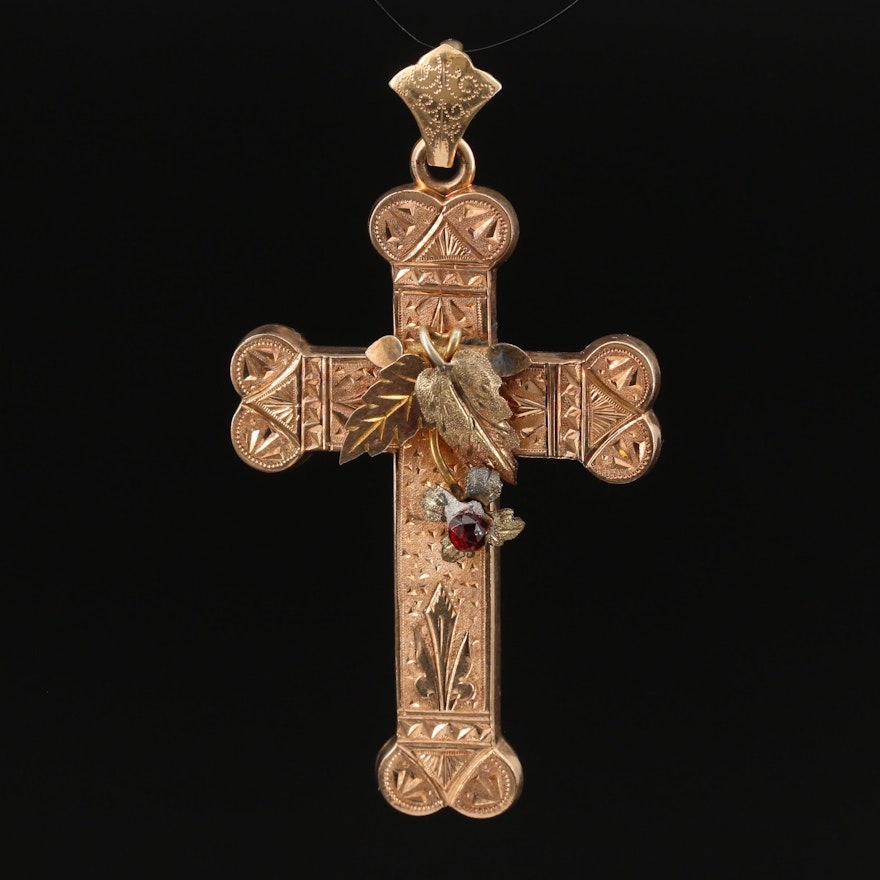 Victorian Etched Cross Pendant with Foliate Design and Garnet