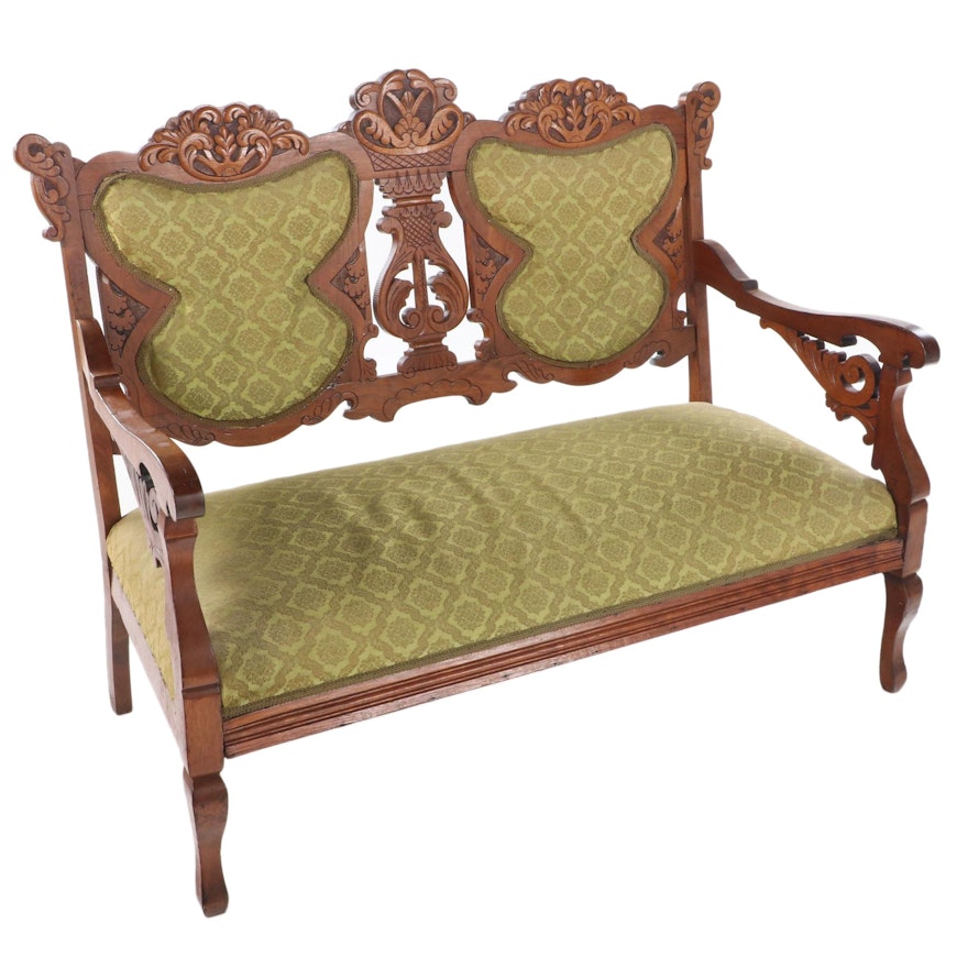 Victorian Carved Walnut Double Chair-Back Settee, Late 19th Century
