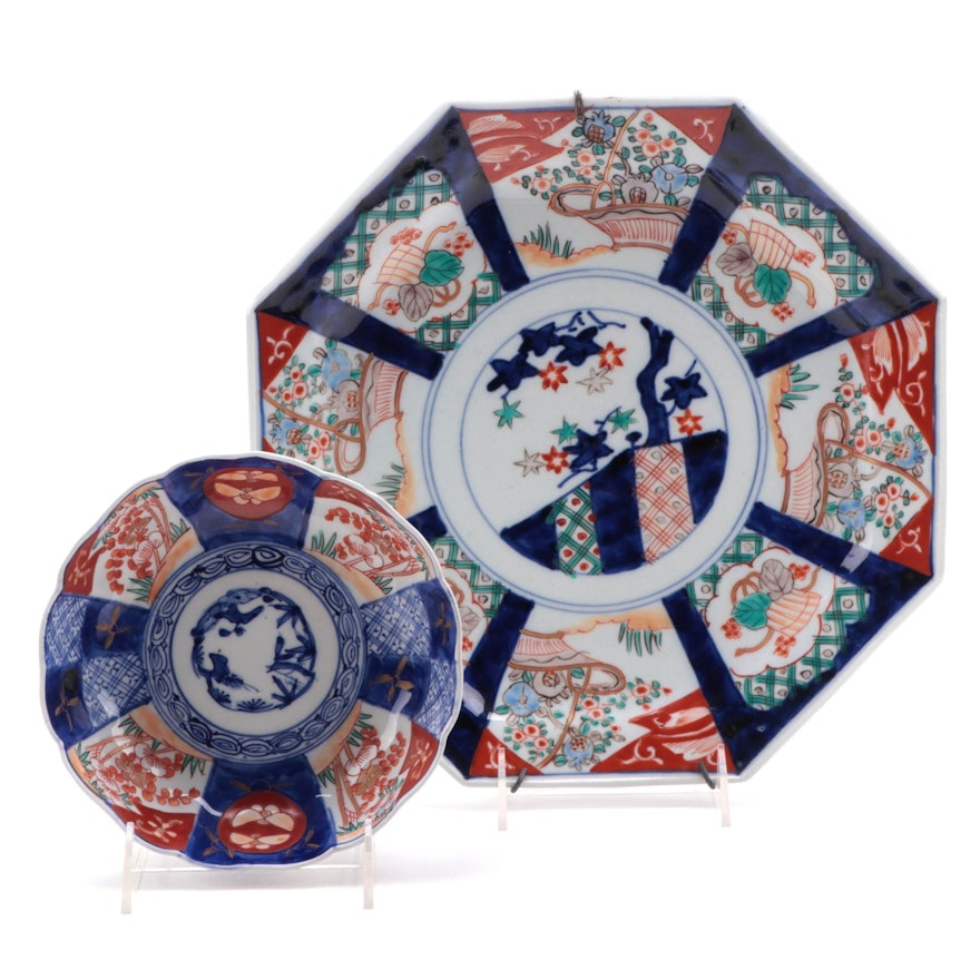 Japanese Imari Ceramic Octagonal Charger and Bowl, Antique