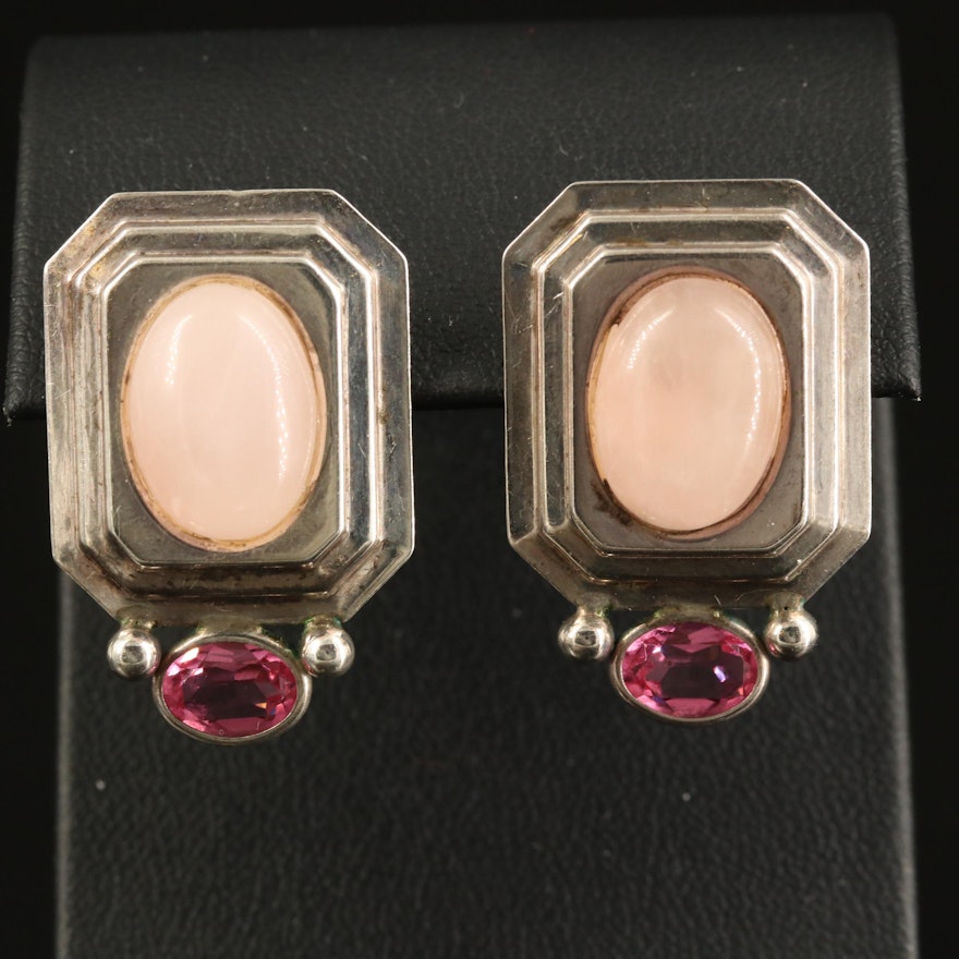 Sterling Rose Quartz and Glass Button Earrings