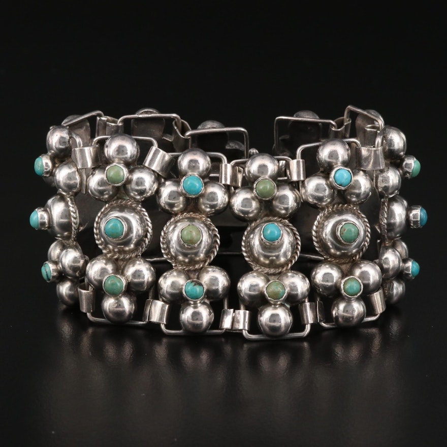 Vintage Sterling Silver Turquoise Wide Link Bracelet