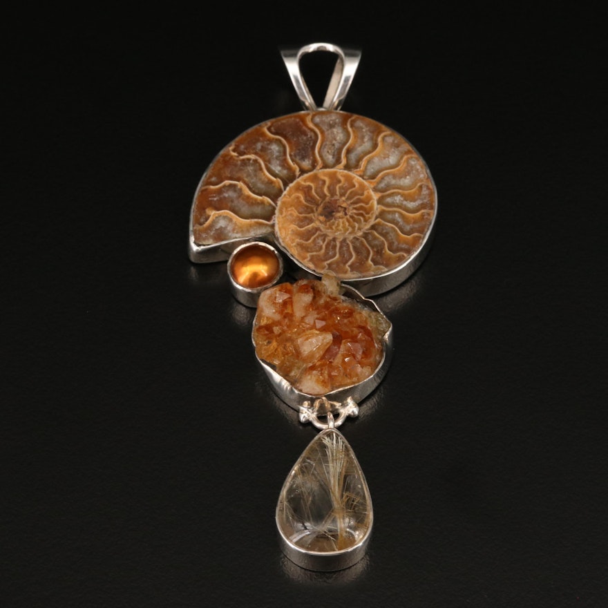 Sterling Ammonite, Citrine and Faux Pearl Drop Pendant