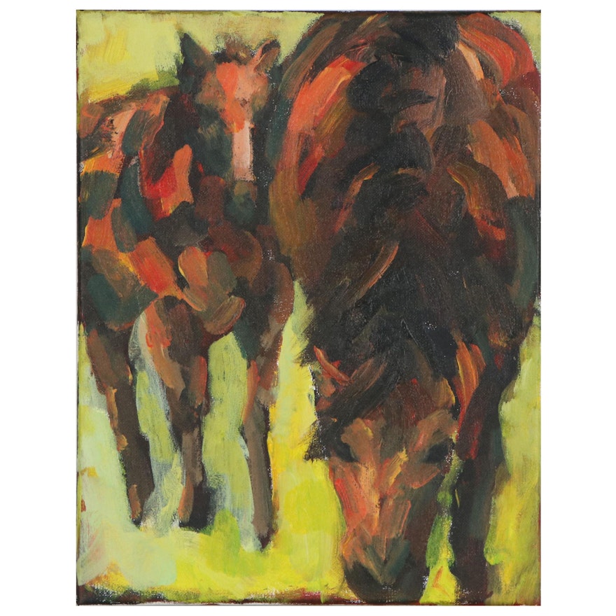 Elle Raines Impressionist Style Acrylic Painting of Horses, 21st Century