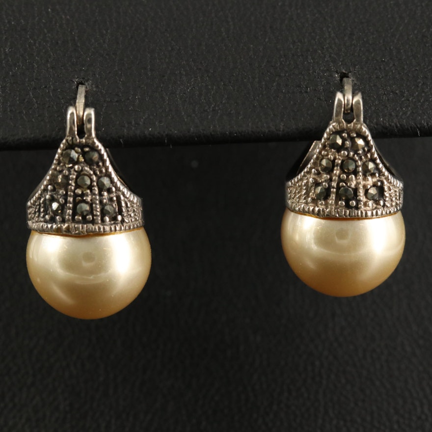 Sterling Faux Pearl and Marcasite Drop Earrings