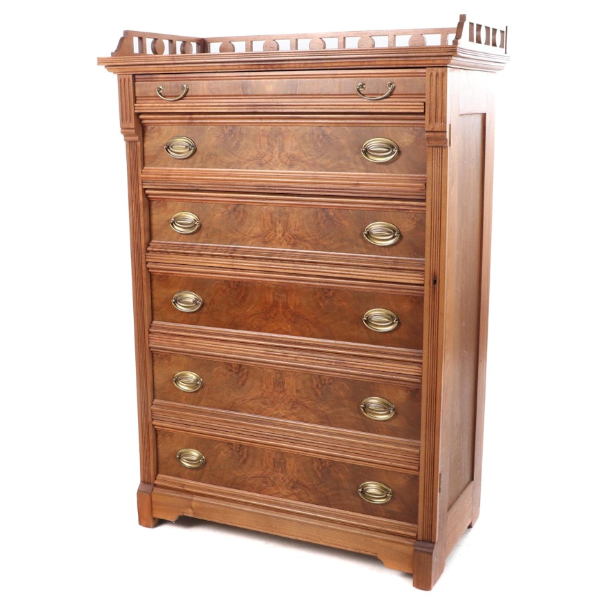 Victorian Walnut and Burl Walnut Six-Drawer Lockside Chest, Late 19th Century