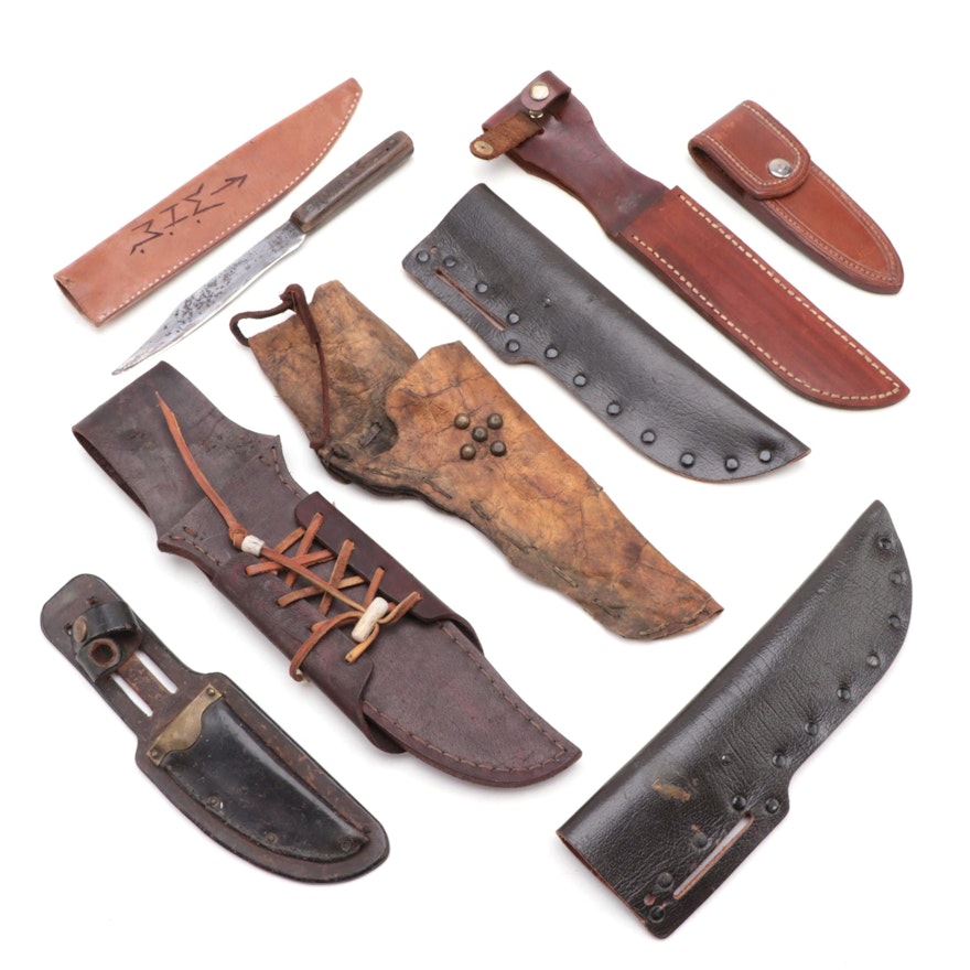 Hunting Knife and Various Leather Sheaths, Early to Mid 20th Century
