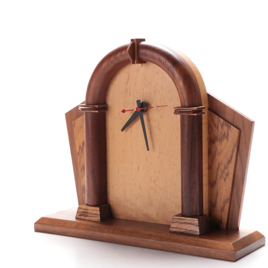 Modern Style Handmade Mixed Wood Mantel Clock, Mid to Late 20th Century