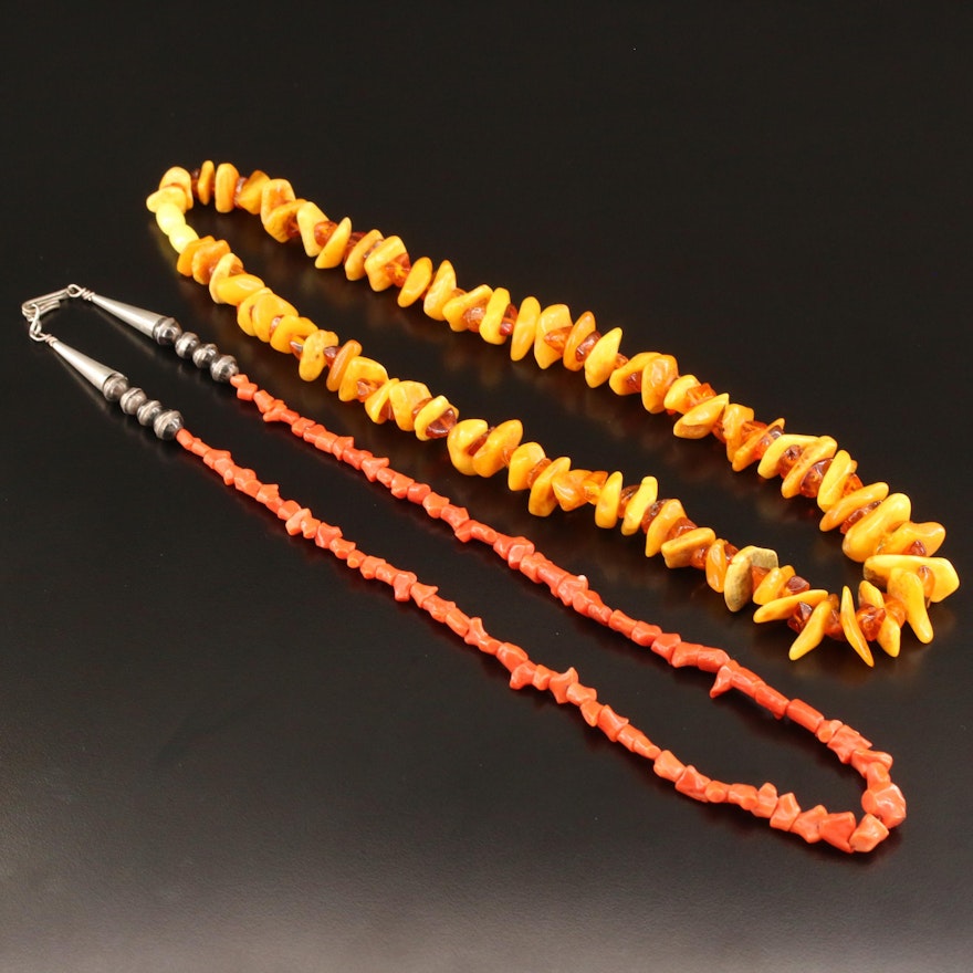 Necklaces Featuring Coral, Amber and Mutton Fat Amber