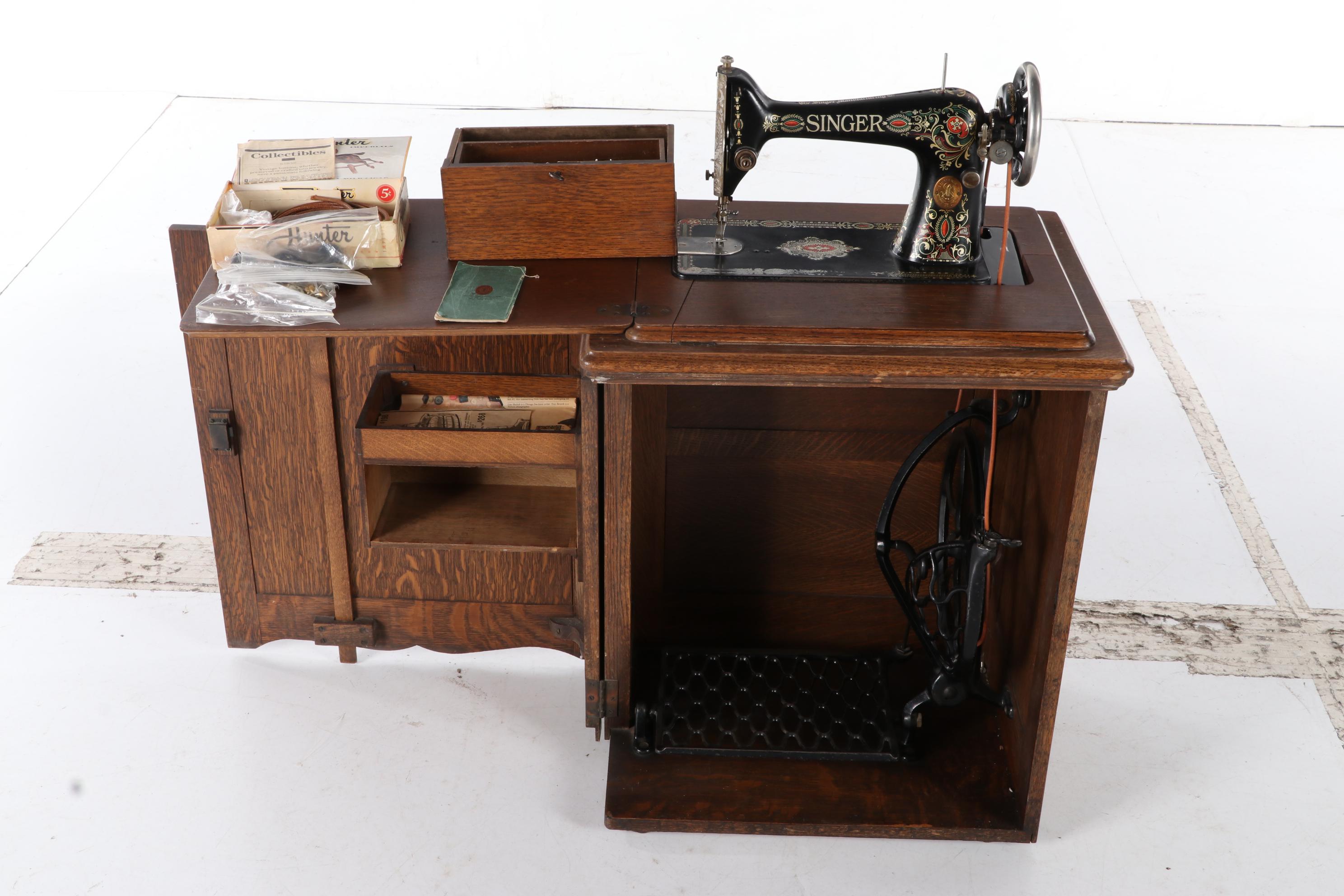 Singer Treadle Sewing Machine No. 66 with Open Side Cabinet No. 23, circa 1922