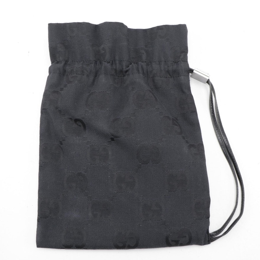 Gucci Small Drawstring Pouch in Black GG Canvas with Leather Trim