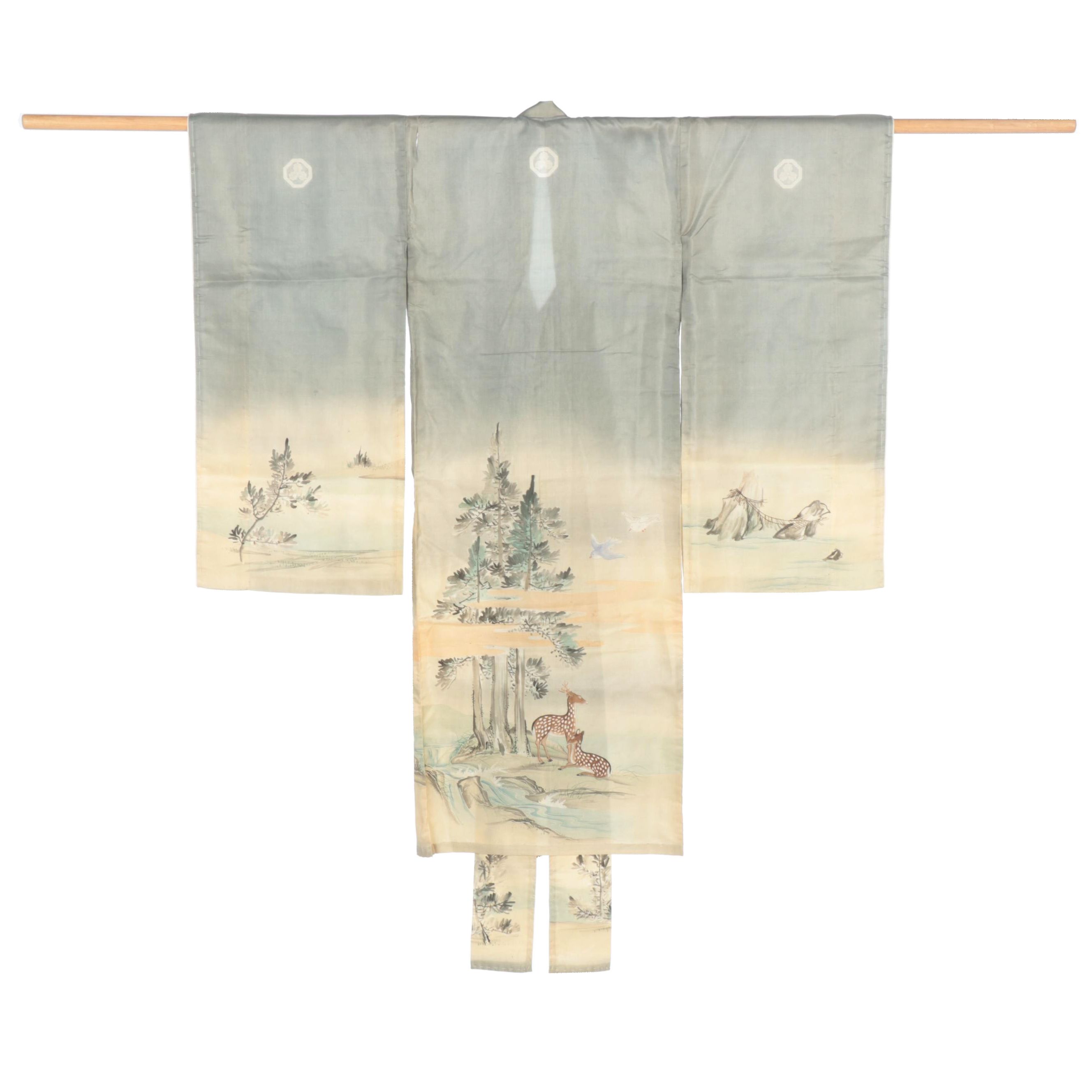 Child's Five Mon Scenic Shika Yuzen Dyed Kimono, Meiji Period