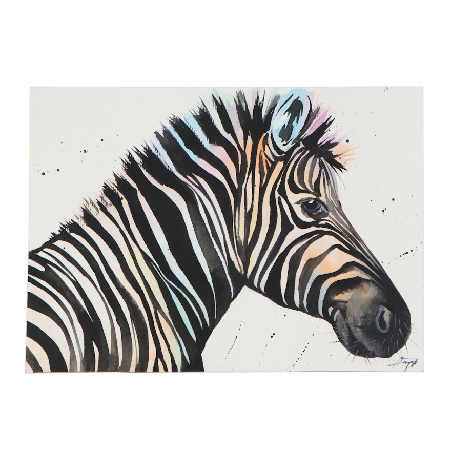 Anne “Angor” Gorywine Watercolor Painting of Zebra, 2020