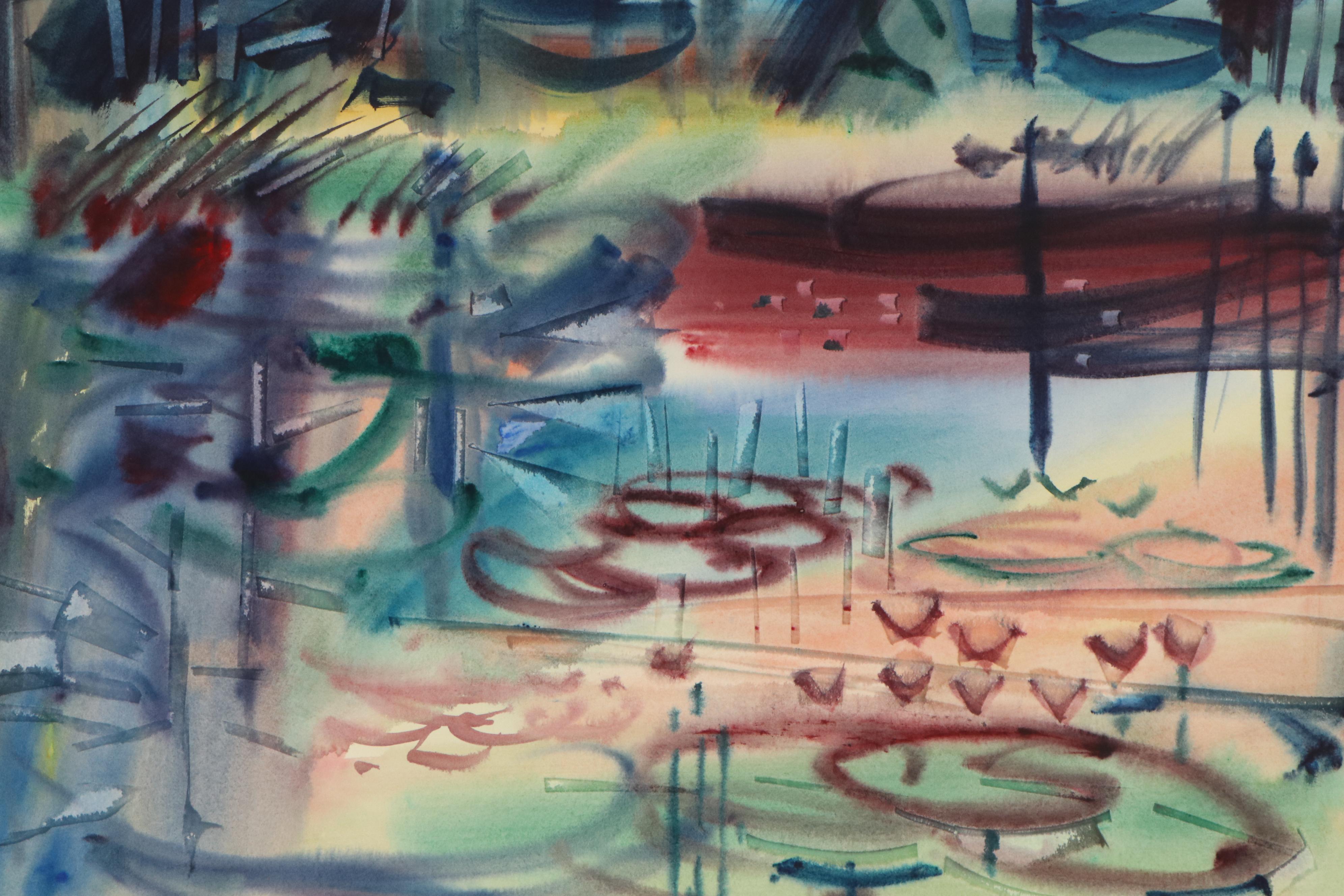 Jack Meanwell Abstract Watercolor Landscape Painting, 1980