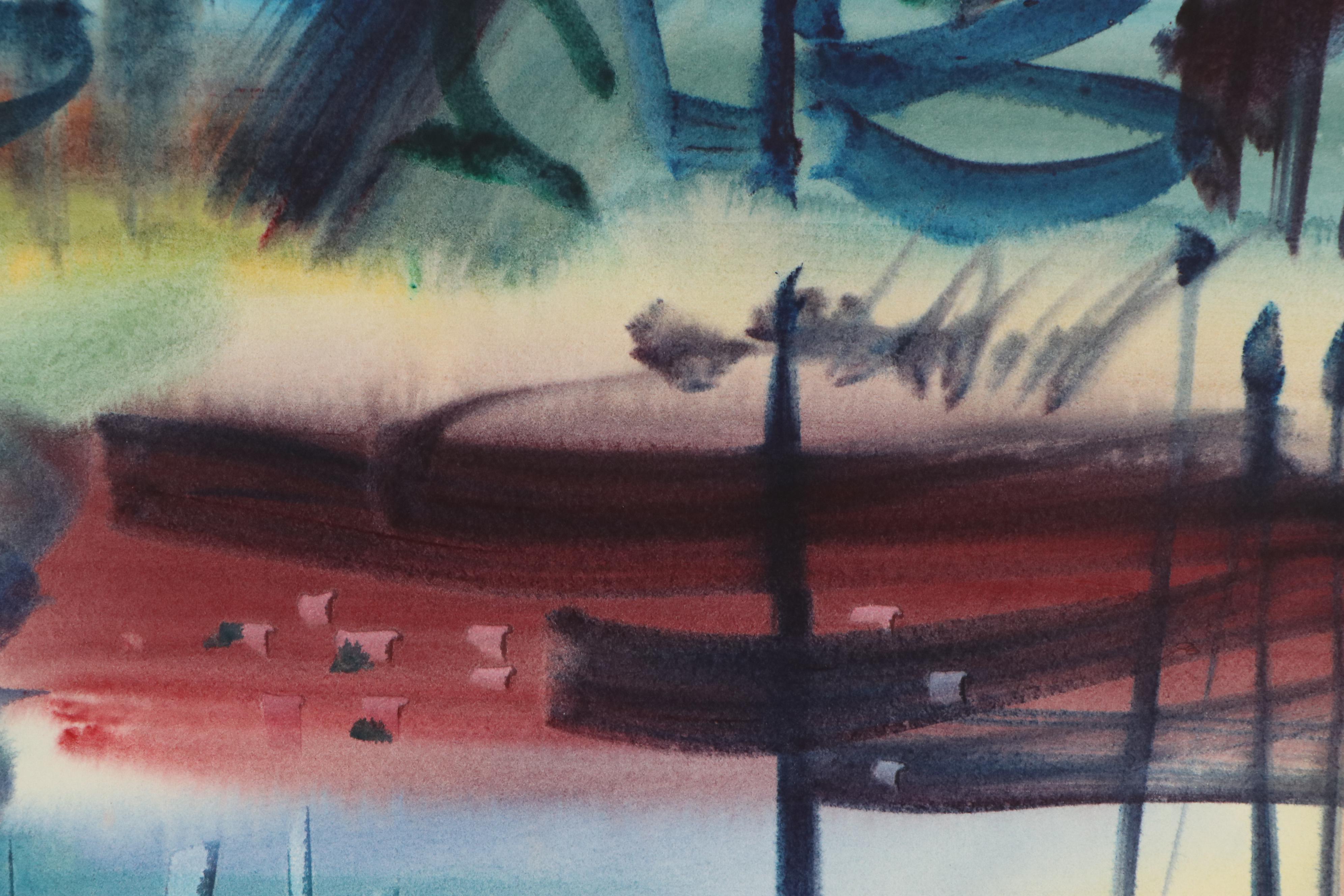 Jack Meanwell Abstract Watercolor Landscape Painting, 1980