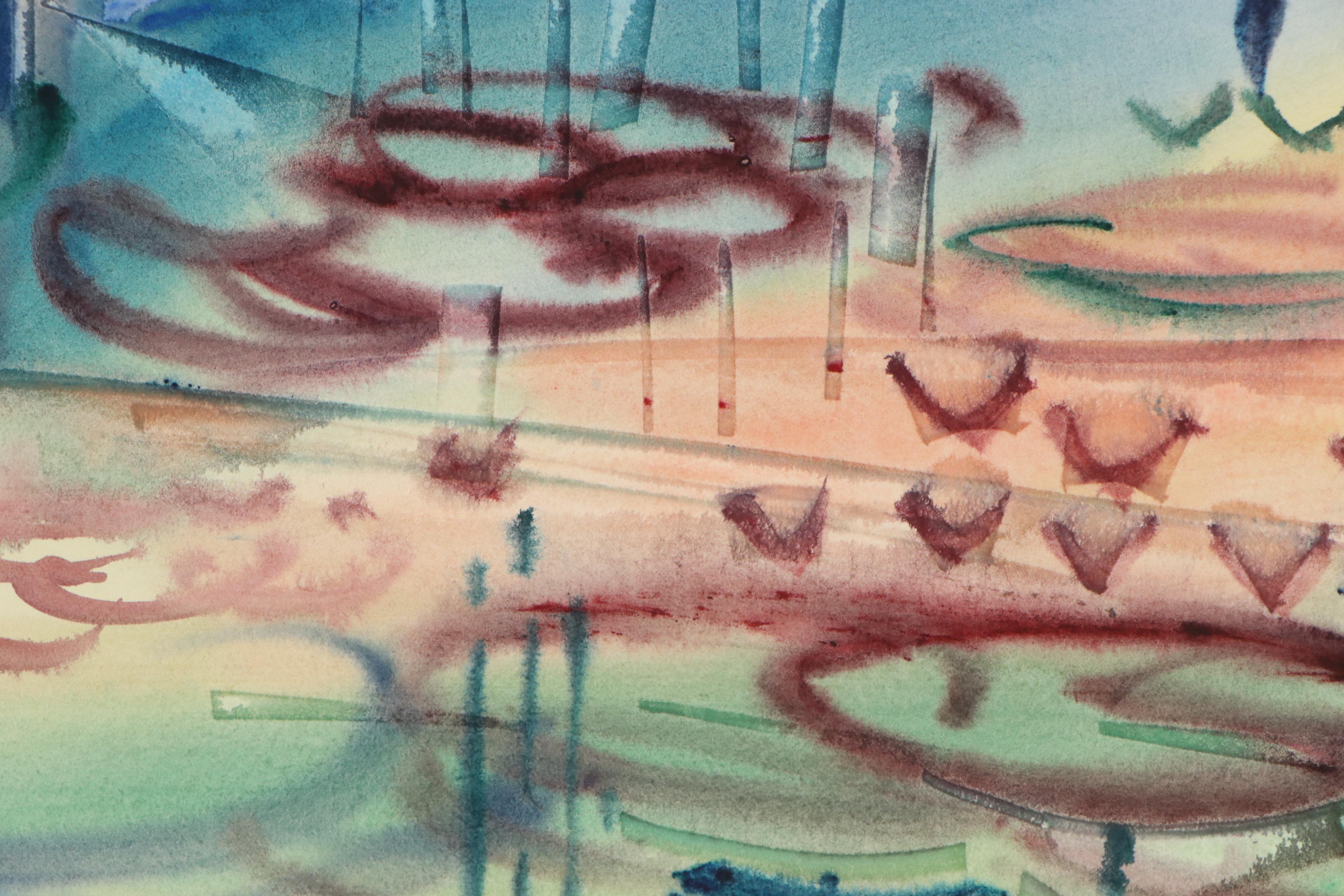 Jack Meanwell Abstract Watercolor Landscape Painting, 1980