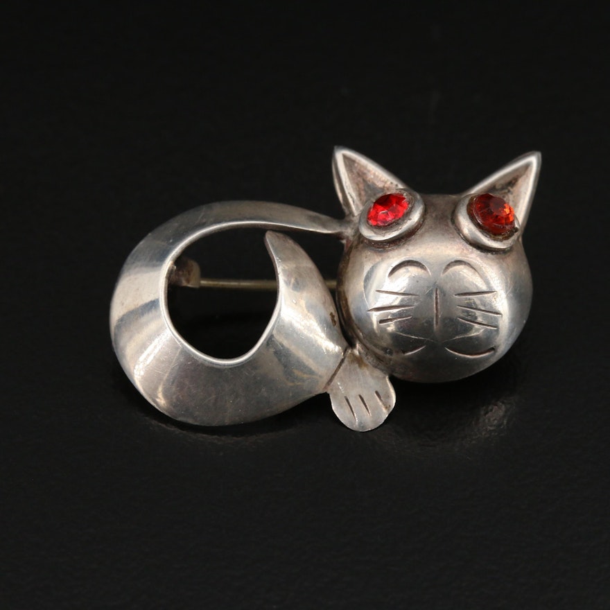 Horacio de la Parra Mexican Sterling Rhinestone Cat Brooch