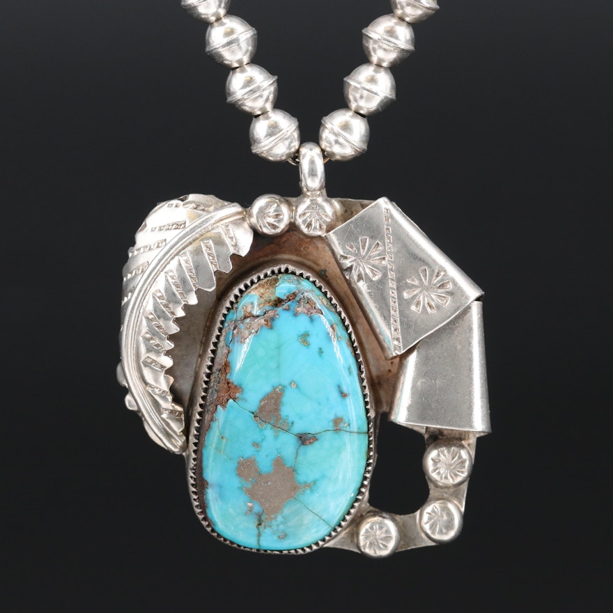 Vintage Southwestern Style Sterling Silver Turquoise Pendant Necklace