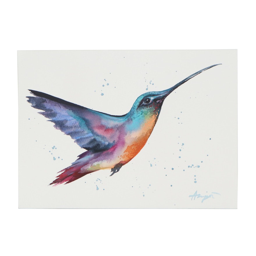 Anne “Angor” Gorywine Watercolor Painting of Humming Bird, 2020