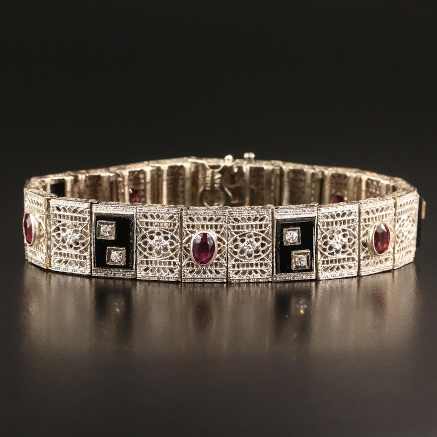 Art Deco 14K Diamond and Gemstone Filigree Panel Bracelet with Platinum Tops