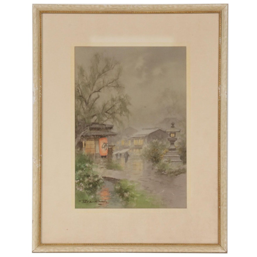 Terauchi Fukutaro Village in the Rain Watercolor Painting