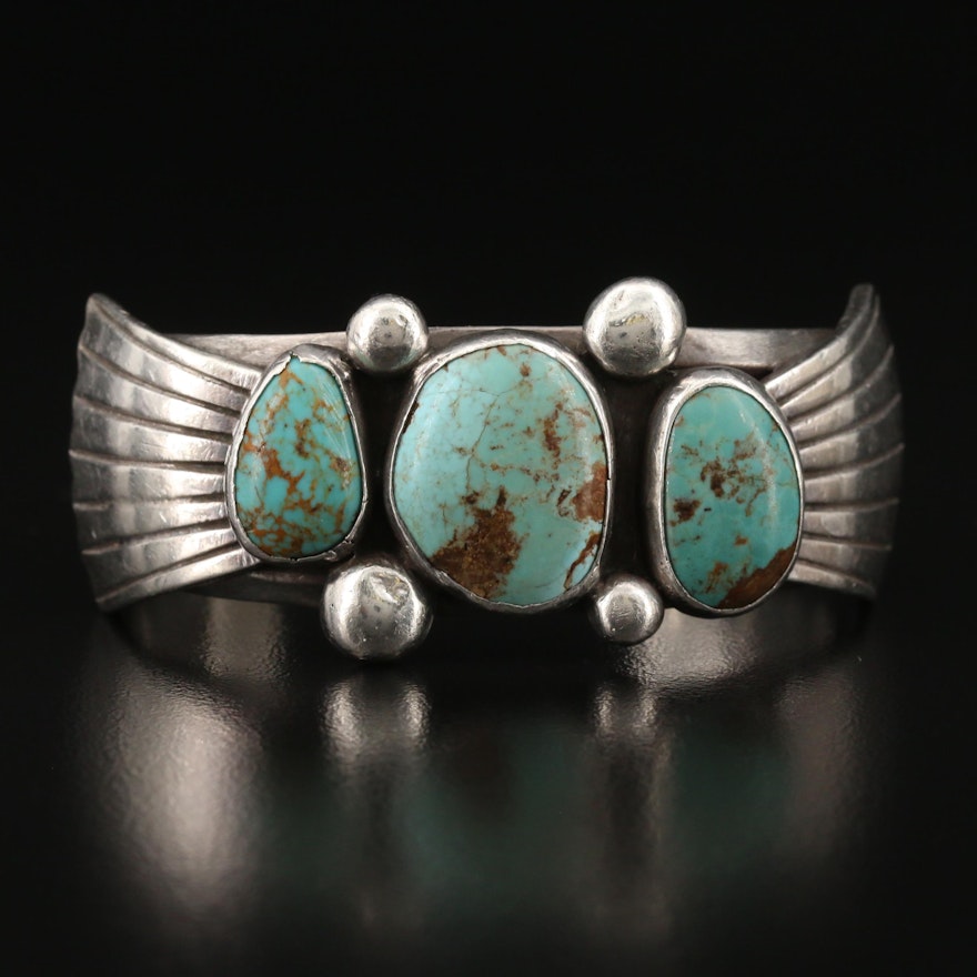 Signed Western Sterling Turquoise Cuff with Wirework Detail