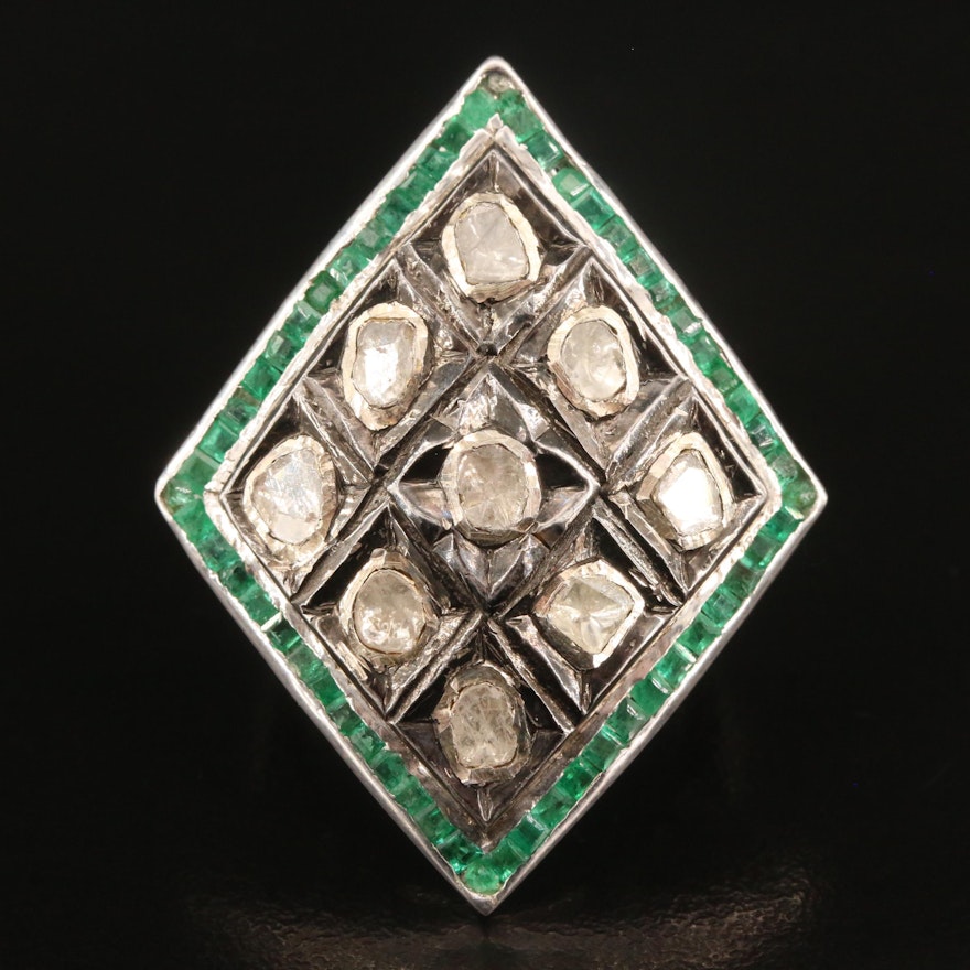Sterling Silver Diamond and Emerald Geometric Ring