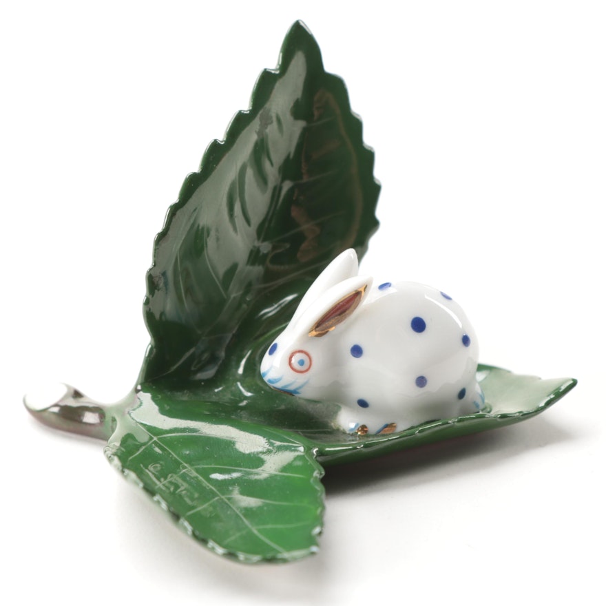 Herend "Bunny on Leaf" Porcelain Place Card Holder Figurine, July 1991